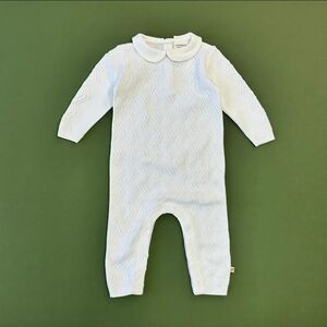 Milan Dove White Peter Pan Fancy Chevron Knit Baby Jumpsuit (Organic Cotton)